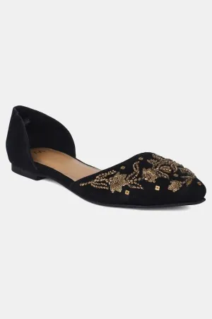 Black Pointed Toe Embroidered Flat