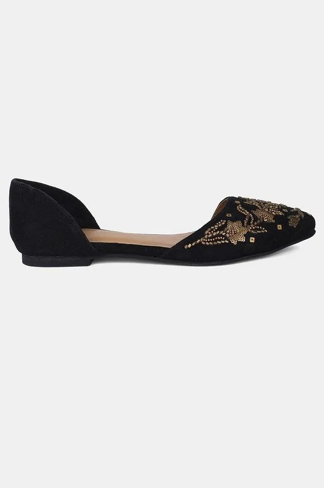 Black Pointed Toe Embroidered Flat
