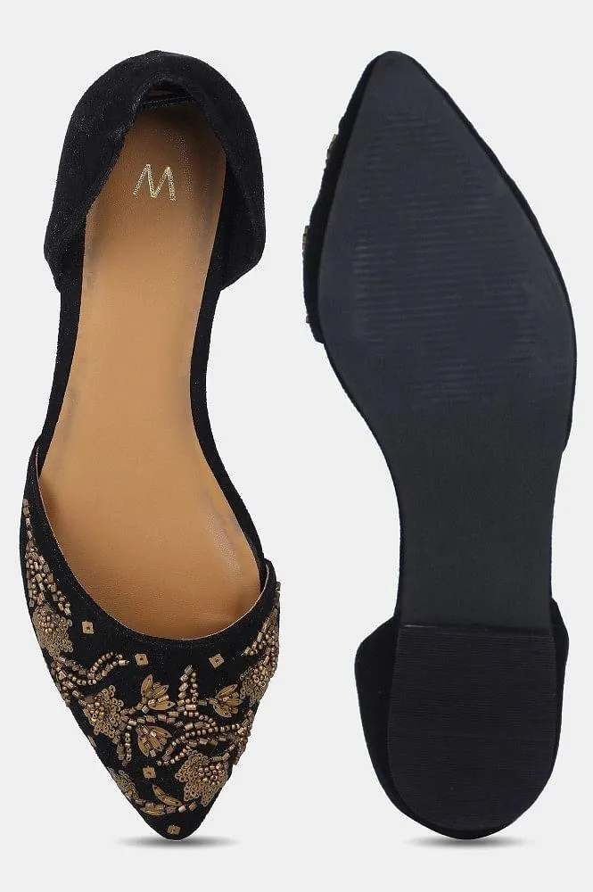 Black Pointed Toe Embroidered Flat