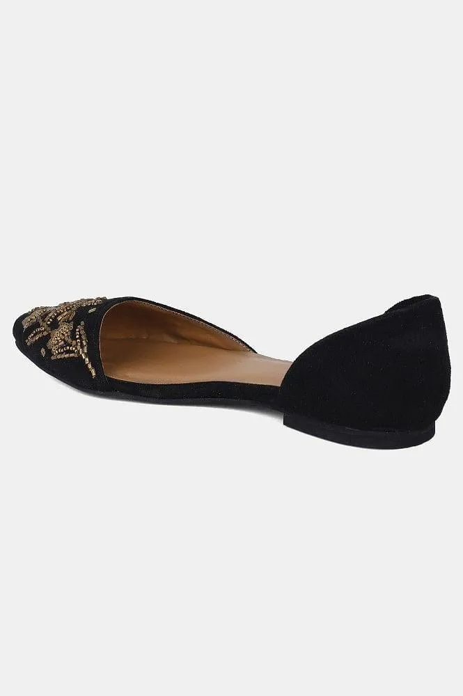 Black Pointed Toe Embroidered Flat
