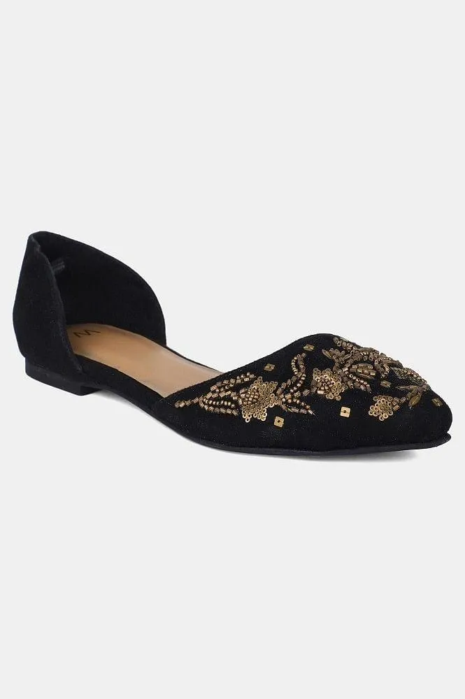 Black Pointed Toe Embroidered Flat