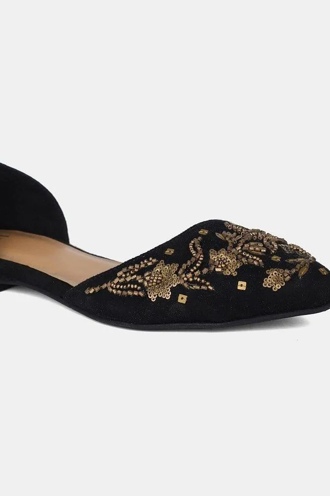 Black Pointed Toe Embroidered Flat