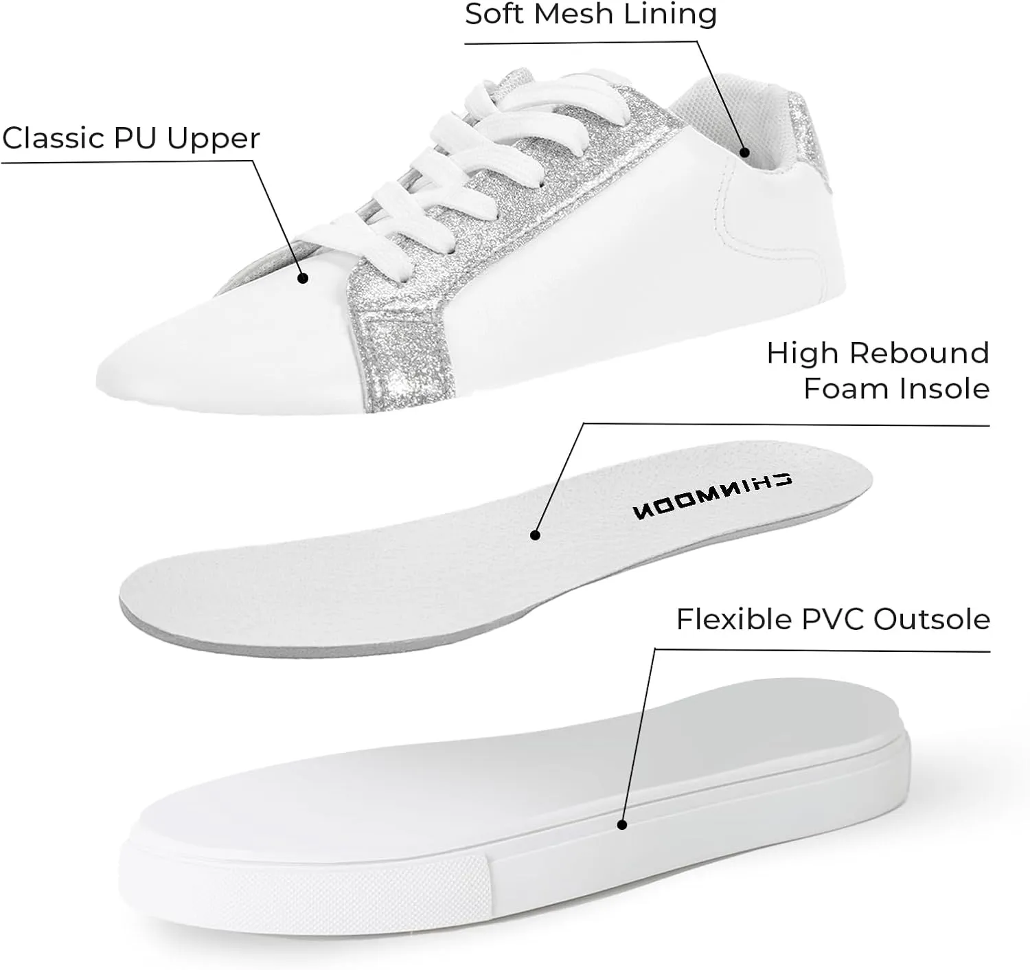 CHINMOON Women's Fashion Sneakers White PU Leather Casual Shoes Low Top Lace Up Tennis Sneakers
