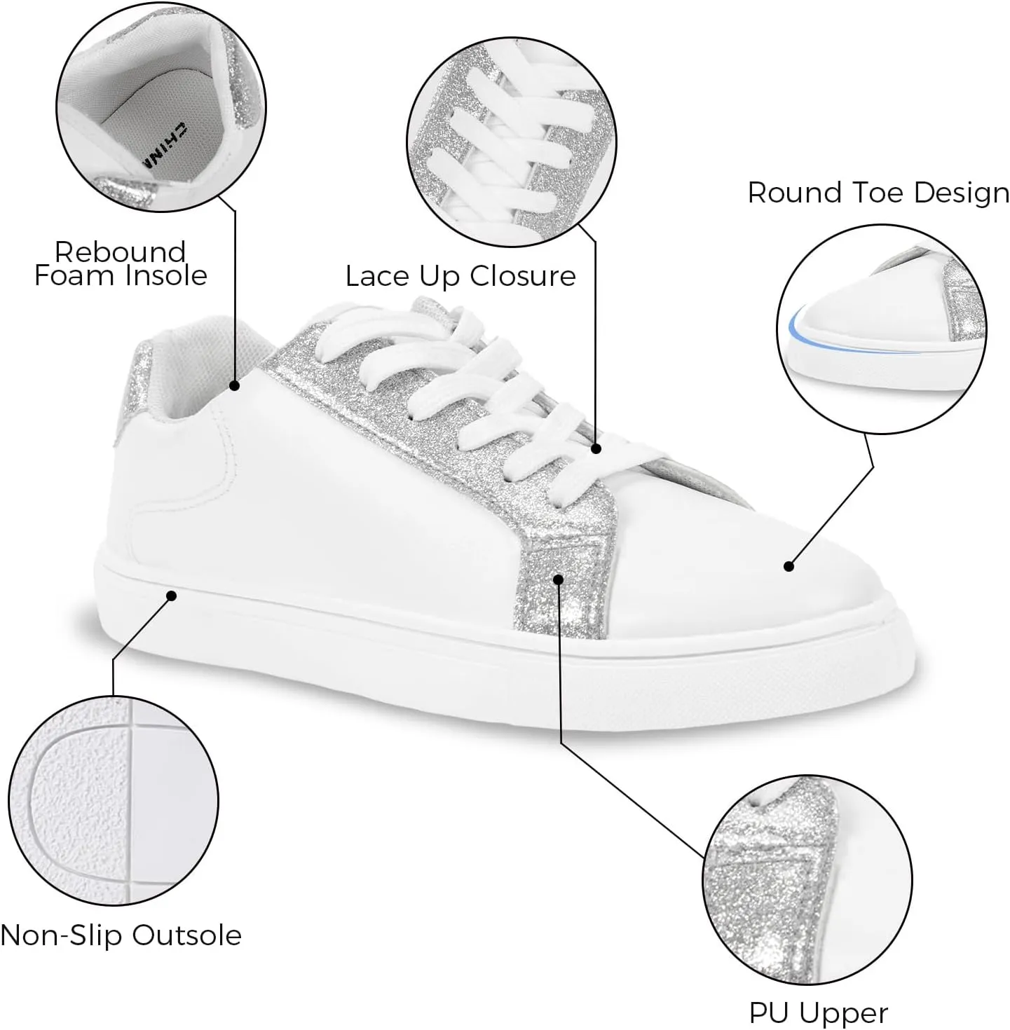 CHINMOON Women's Fashion Sneakers White PU Leather Casual Shoes Low Top Lace Up Tennis Sneakers