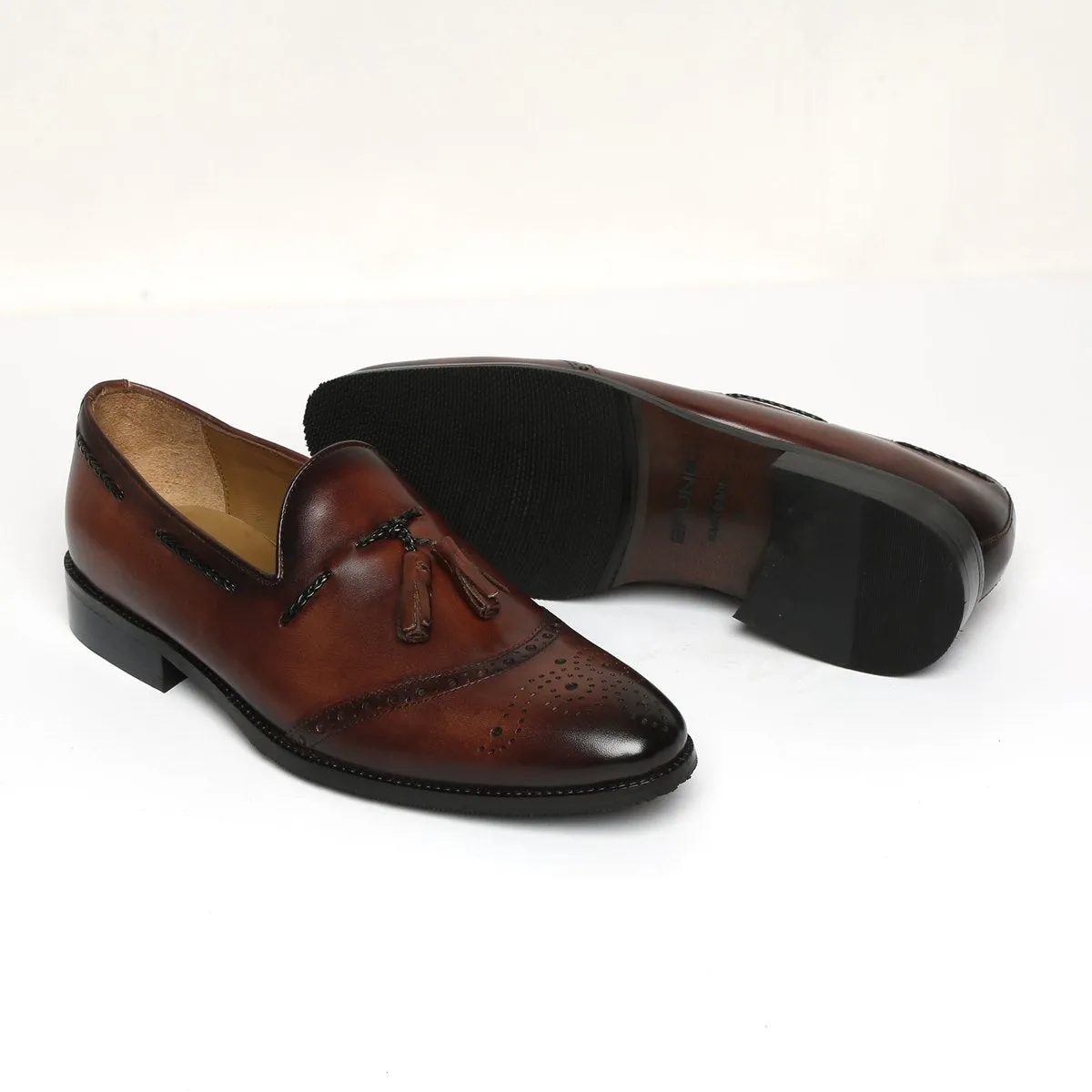 Dark Brown Quarter Brogue Toe Tassel Leather Slip-On Shoes