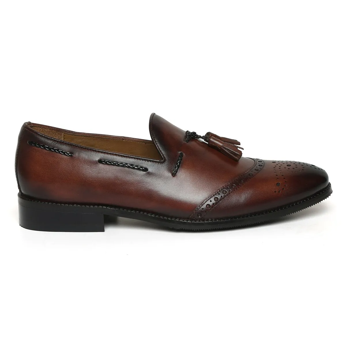 Dark Brown Quarter Brogue Toe Tassel Leather Slip-On Shoes