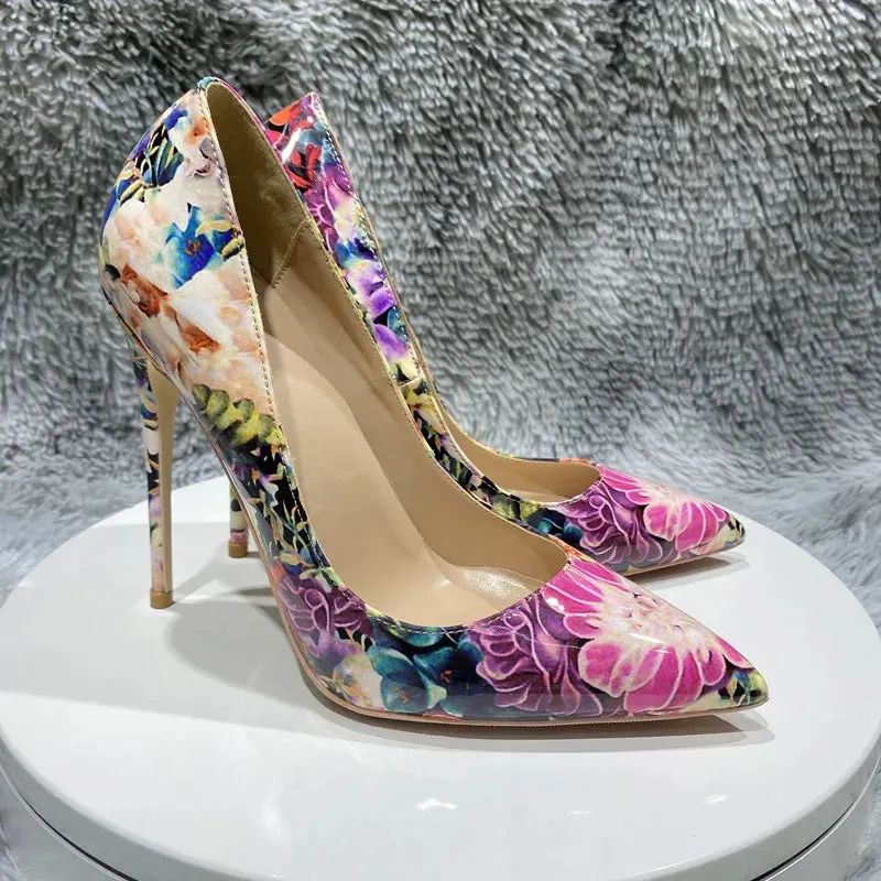 Flowers Glossy Women's Pointy Toe Stiletto Pumps