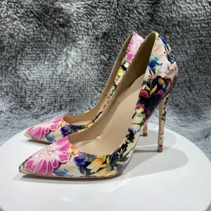 Flowers Glossy Women's Pointy Toe Stiletto Pumps