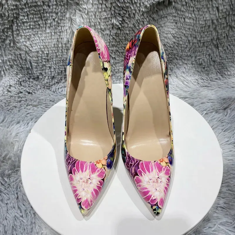 Flowers Glossy Women's Pointy Toe Stiletto Pumps