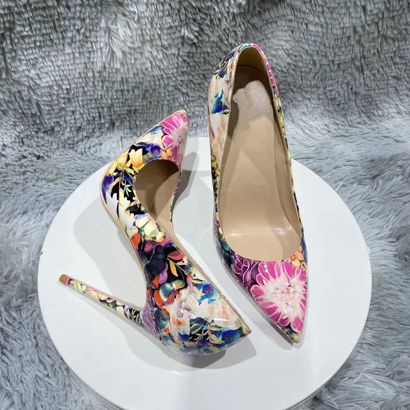 Flowers Glossy Women's Pointy Toe Stiletto Pumps