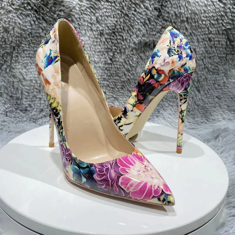 Flowers Glossy Women's Pointy Toe Stiletto Pumps