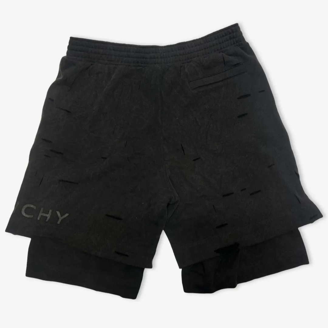 Givenchy men's black cotton distressed double-layer shorts