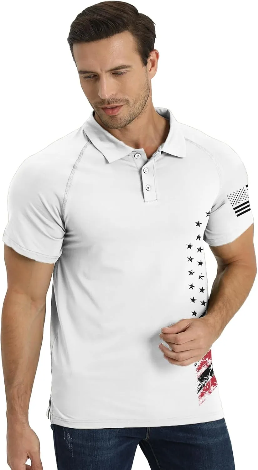 H HYFOL Short Sleeve Polo Shirts for Men Graphic Stretch Casual American Patriotic Raglan Golf Polos for Men