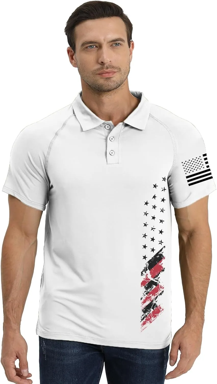 H HYFOL Short Sleeve Polo Shirts for Men Graphic Stretch Casual American Patriotic Raglan Golf Polos for Men