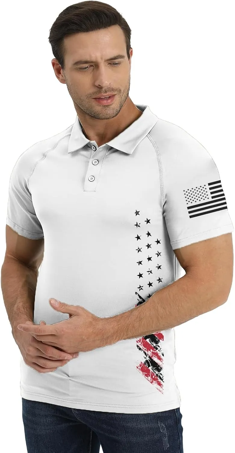 H HYFOL Short Sleeve Polo Shirts for Men Graphic Stretch Casual American Patriotic Raglan Golf Polos for Men