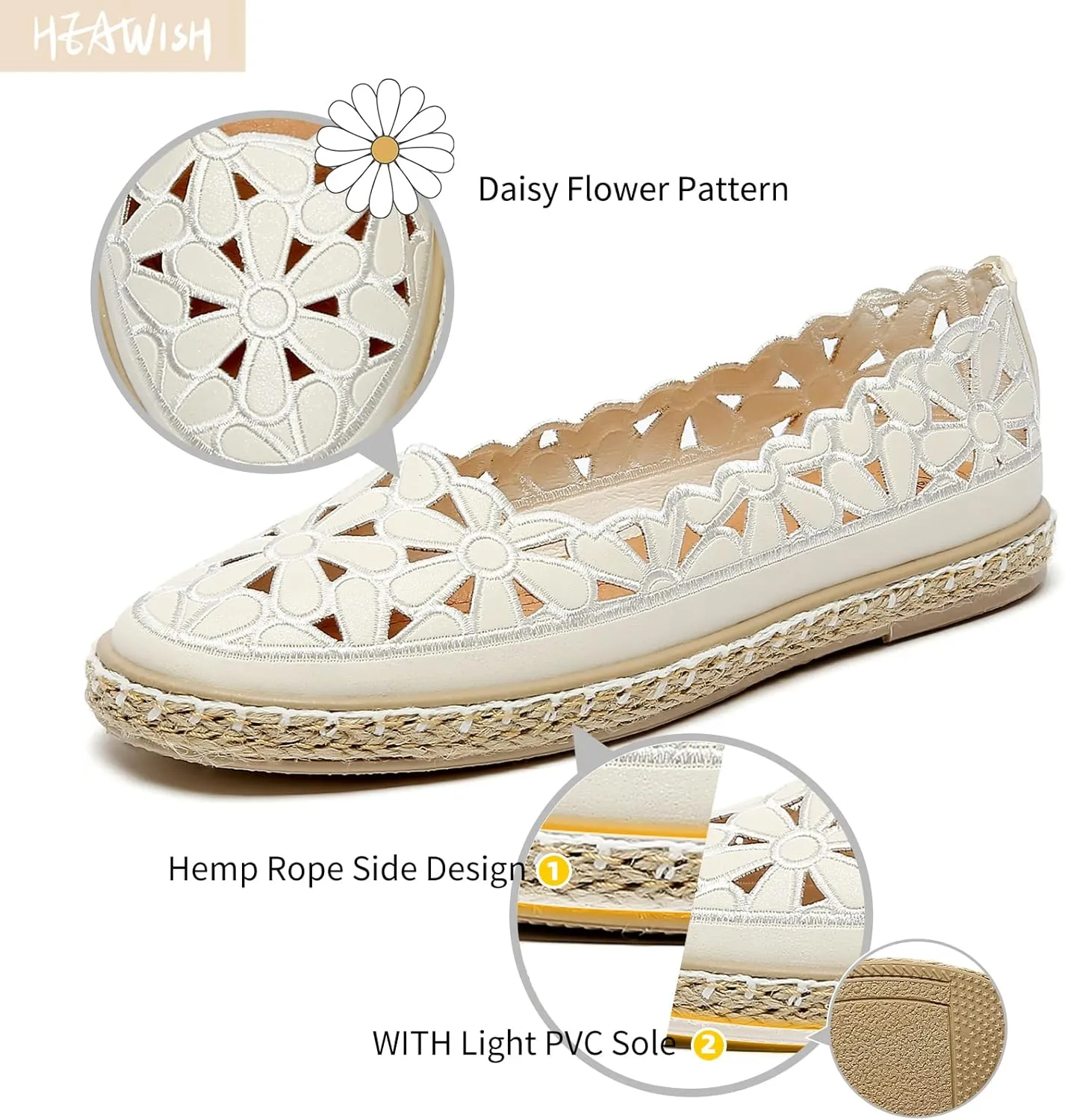 HEAWISH Womens Ballet Flat Daisy Round Toe Dress Shoes Casual Slip On Rope Loafer