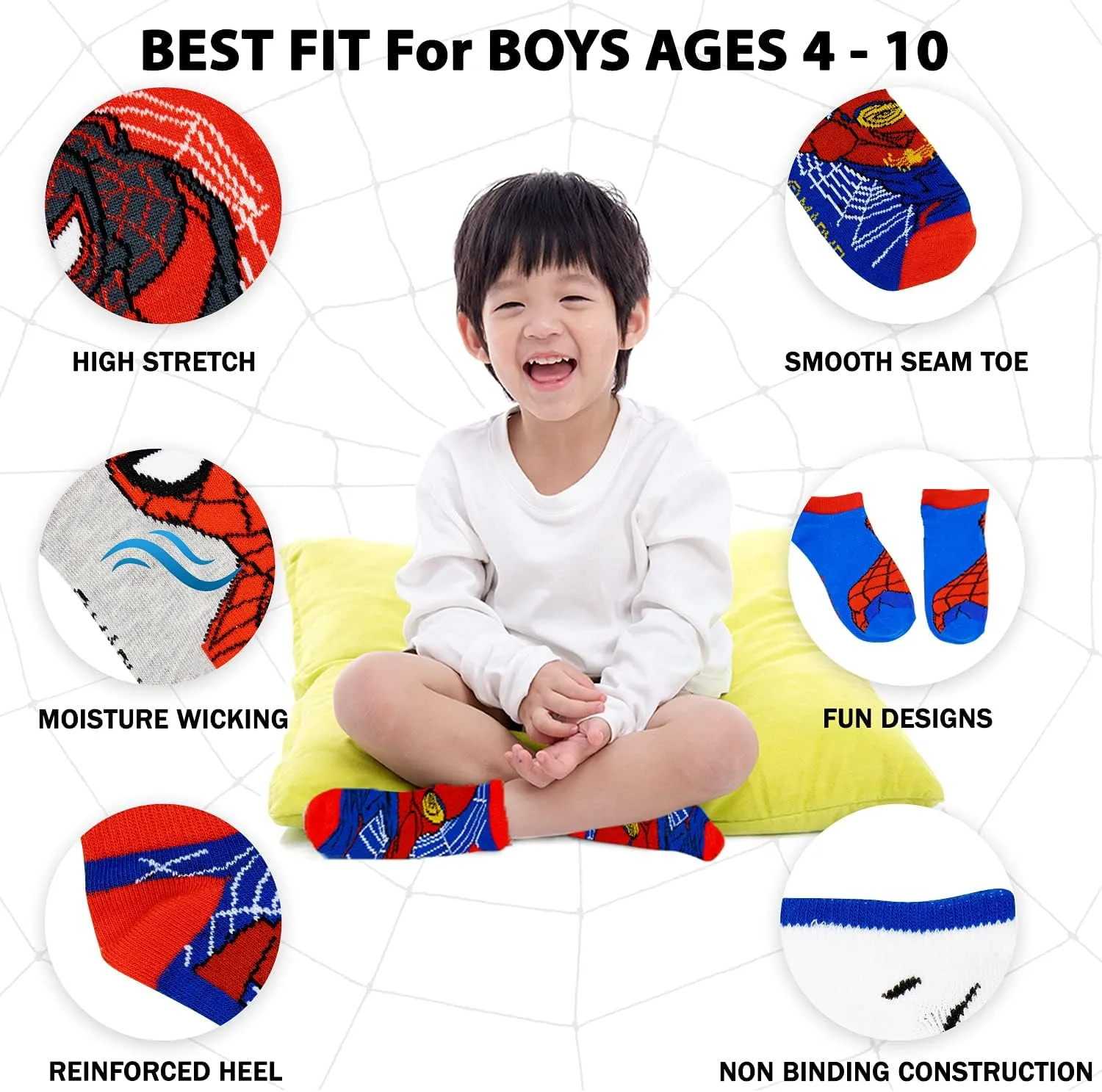 Marvel Spider-man Socks for Boys, 10 Pairs Low Cut Socks for Boys Ages 3-9