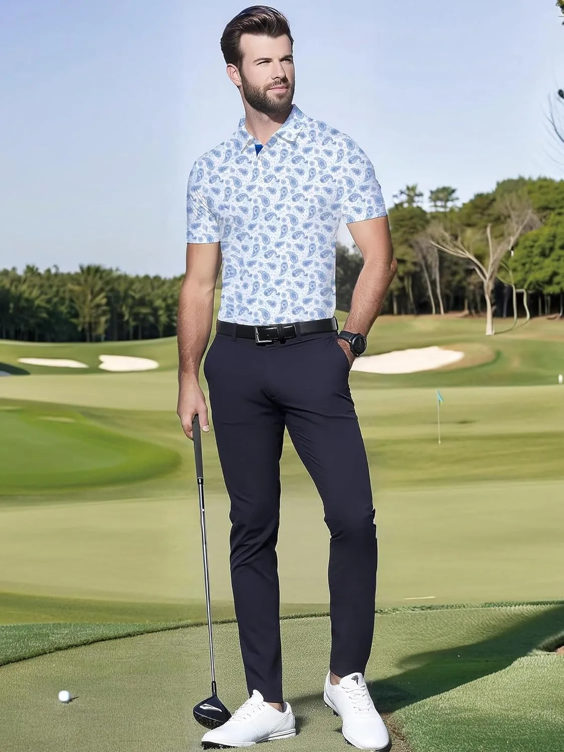 Mens Golf Shirts Short Sleeve Print Dry Fit Moisture Wicking Performance Polo Shirt