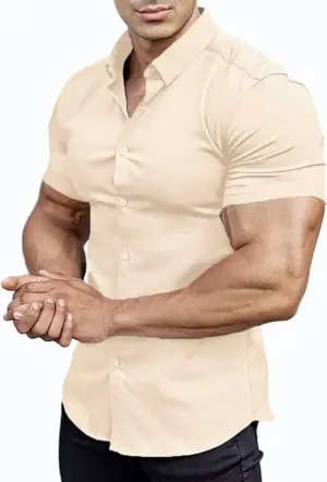 Men??s Muscle Fit Dress Shirts Athletic Slim Fit Short Sleeve Stretch Casual Button Down Shirt