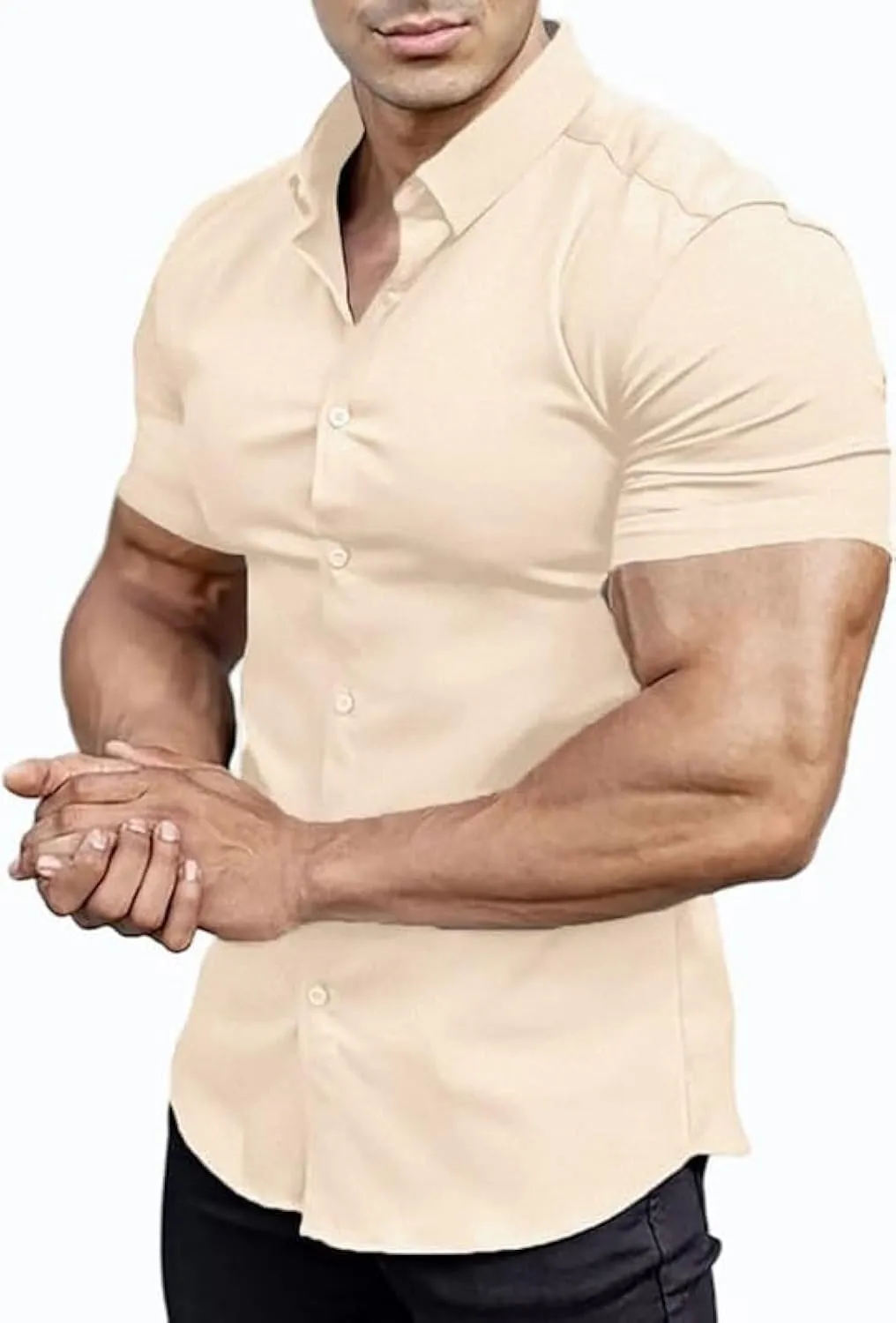 Men??s Muscle Fit Dress Shirts Athletic Slim Fit Short Sleeve Stretch Casual Button Down Shirt