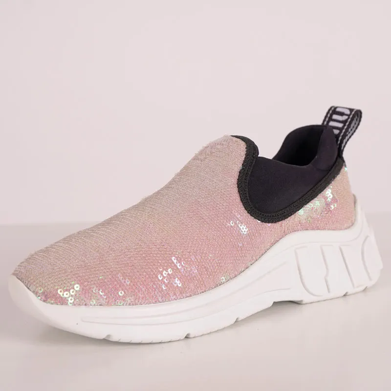 sz 37.5 NEW $750 MIU MIU Pink SEQUIN Neoprene BOLD LOGO HEEL Slip on SNEAKERS