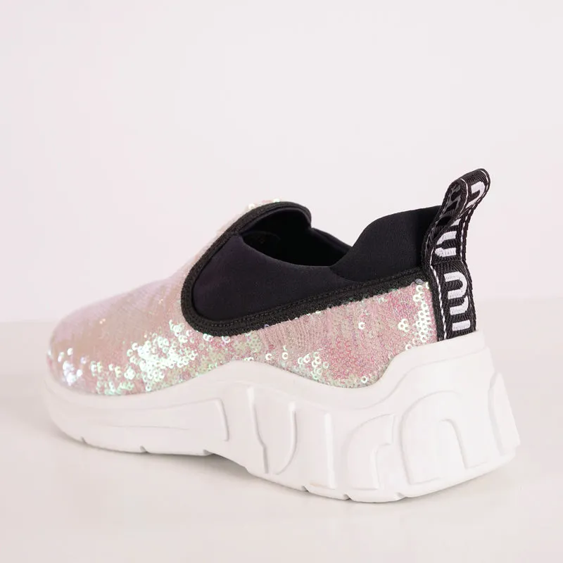 sz 37.5 NEW $750 MIU MIU Pink SEQUIN Neoprene BOLD LOGO HEEL Slip on SNEAKERS
