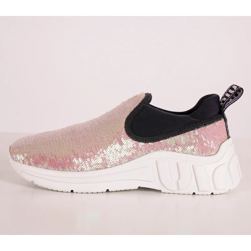 sz 37.5 NEW $750 MIU MIU Pink SEQUIN Neoprene BOLD LOGO HEEL Slip on SNEAKERS