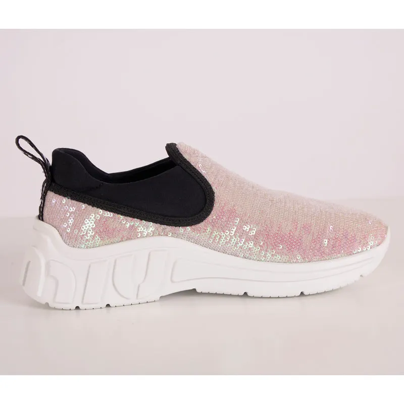 sz 37.5 NEW $750 MIU MIU Pink SEQUIN Neoprene BOLD LOGO HEEL Slip on SNEAKERS