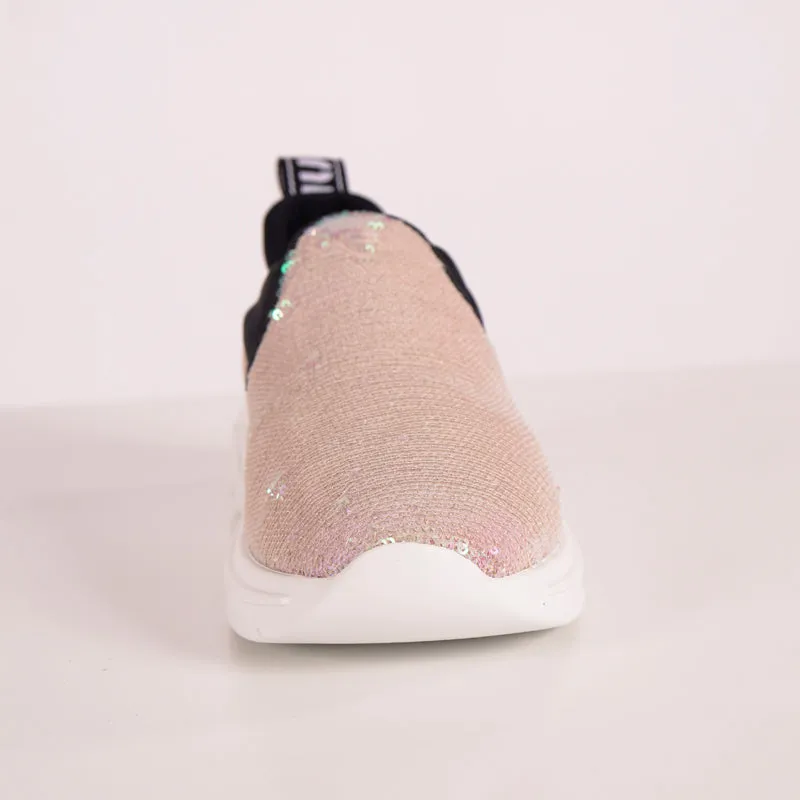 sz 37.5 NEW $750 MIU MIU Pink SEQUIN Neoprene BOLD LOGO HEEL Slip on SNEAKERS