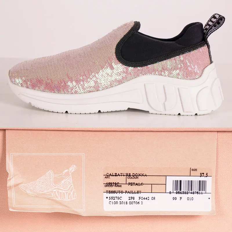 sz 37.5 NEW $750 MIU MIU Pink SEQUIN Neoprene BOLD LOGO HEEL Slip on SNEAKERS