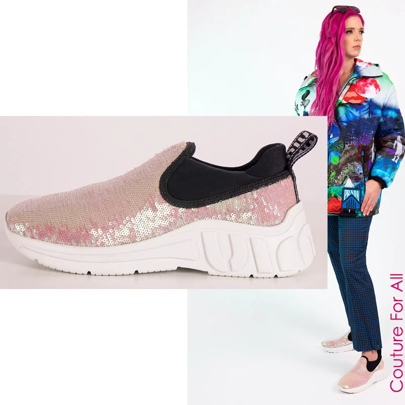 sz 37.5 NEW $750 MIU MIU Pink SEQUIN Neoprene BOLD LOGO HEEL Slip on SNEAKERS