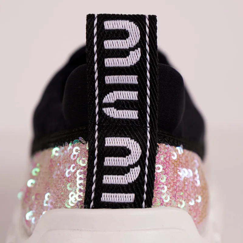 sz 37.5 NEW $750 MIU MIU Pink SEQUIN Neoprene BOLD LOGO HEEL Slip on SNEAKERS