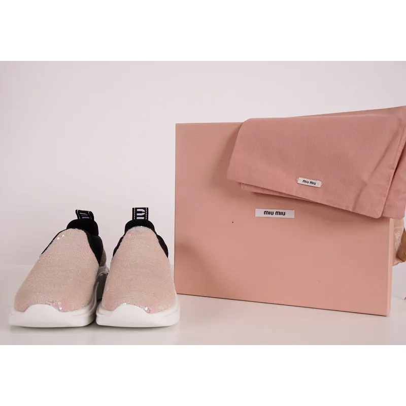sz 37.5 NEW $750 MIU MIU Pink SEQUIN Neoprene BOLD LOGO HEEL Slip on SNEAKERS