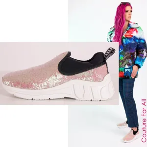 sz 37.5 NEW $750 MIU MIU Pink SEQUIN Neoprene BOLD LOGO HEEL Slip on SNEAKERS