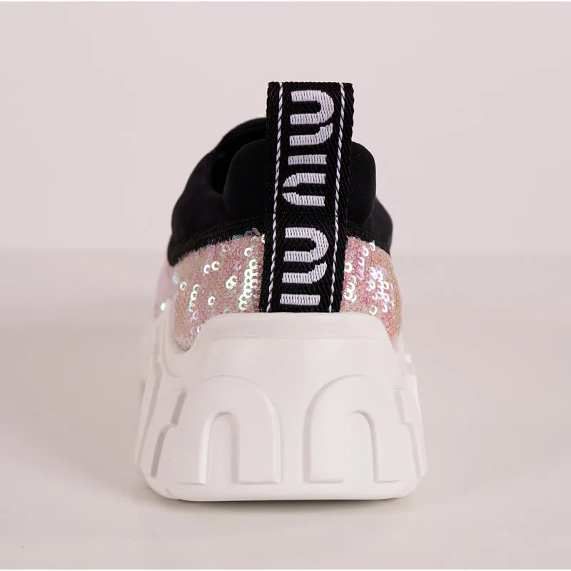 sz 37.5 NEW $750 MIU MIU Pink SEQUIN Neoprene BOLD LOGO HEEL Slip on SNEAKERS