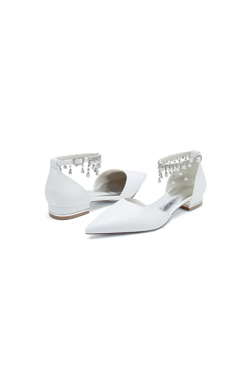 White Pearl Beaded Ankle Strap Pointed Toe Low Heels